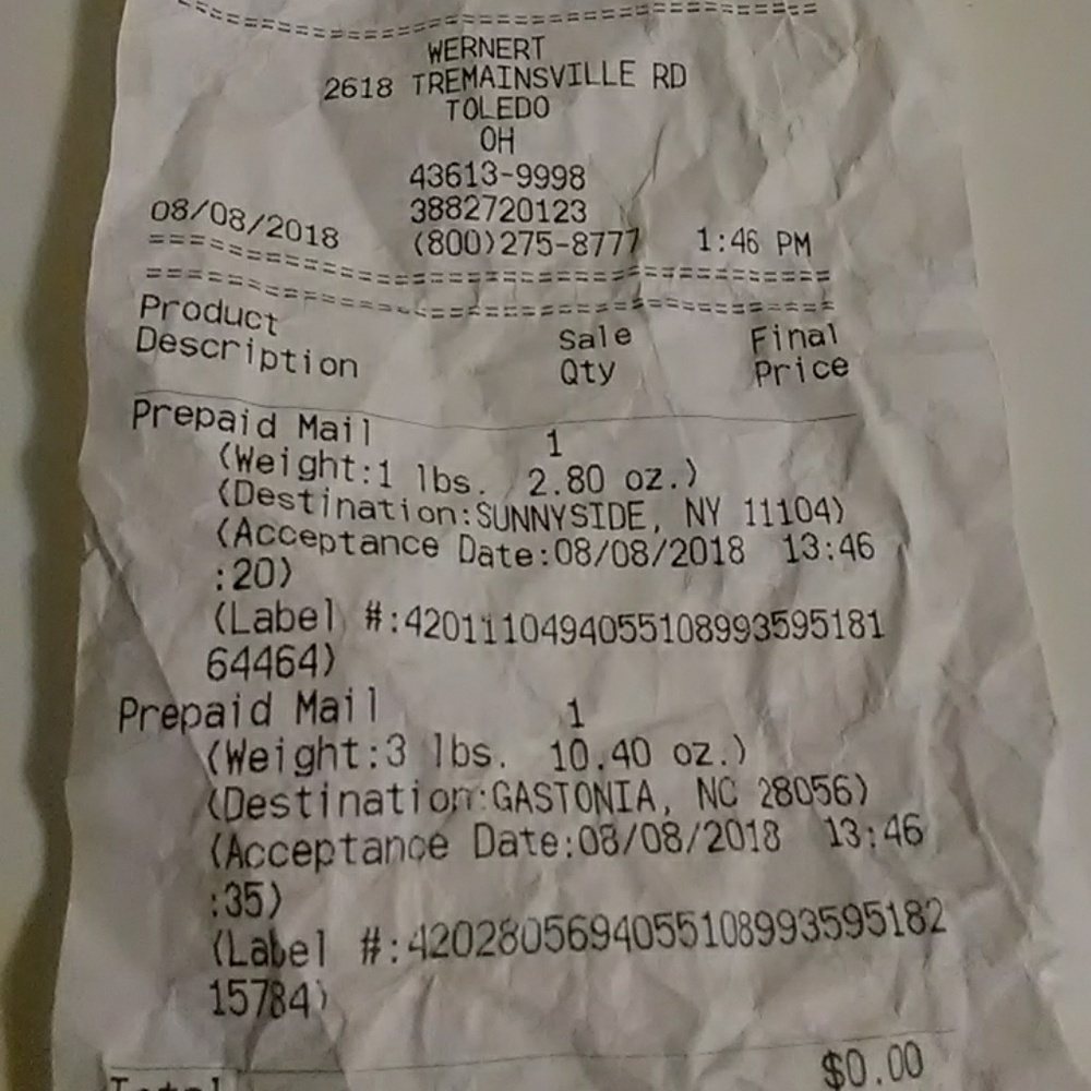 Receipt of shipped packages.